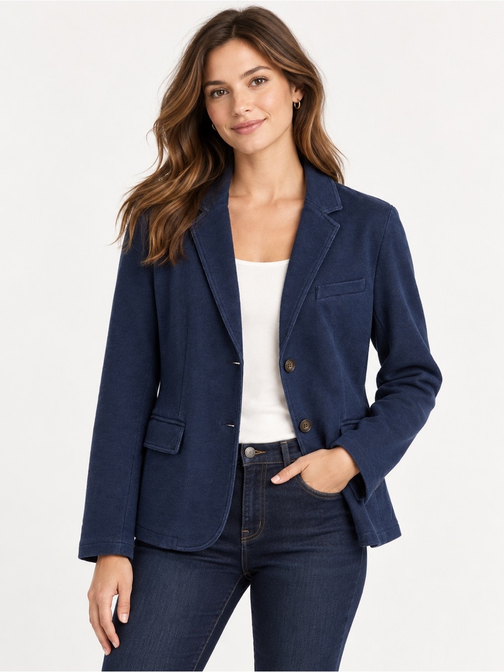 Talbots XL Navy Stretch Denim Blazer Cotton Spandex Two Button Jacket